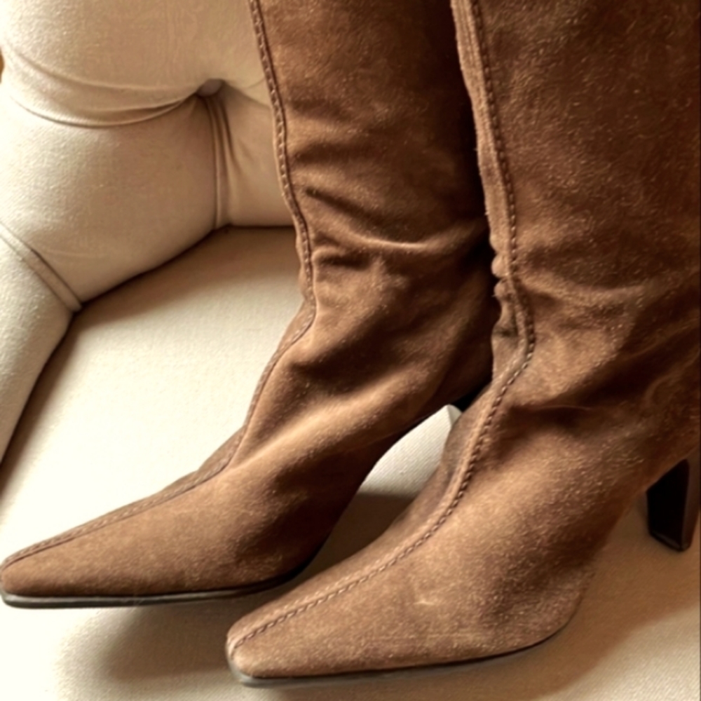 Prada Brown Suede Pointed-Toe Knee-High Heeled Boots